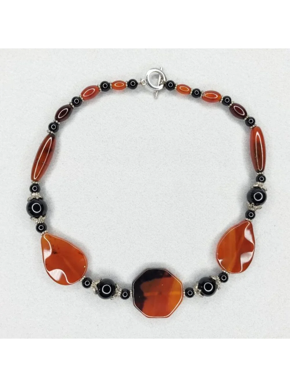 Polished Agate Beaded Necklace Rust Orange Black Toggle Boho 16